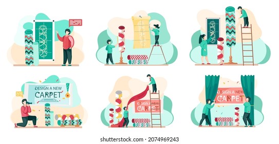 Manufacture of carpets scenes set. Men are working on design of new carpet, interior shop or exhibition. People stand holding textile product design template, photographing rugs for advertising