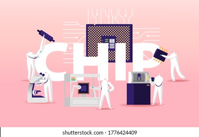 Manufacture of Chips Semiconductors Concept. Manufacturing Facility Team of Scientist Characters Set up Programs on Industrial 3D Printer Poster Banner Flyer. Cartoon People Vector Illustration