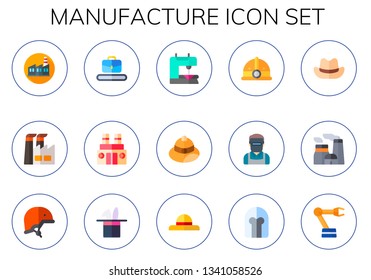 manufacture icon set. 15 flat manufacture icons.  Simple modern icons about  - factory, conveyor, sewing machine, hat, helmet, welder, nuclear plant, robotic arm