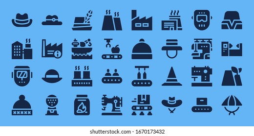 manufacture icon set. 32 filled manufacture icons. on blue background style Simple modern icons such as: Hat, Factory, Welder, Machine, Coal, Mechanical arm, Conveyor, Sewing machine