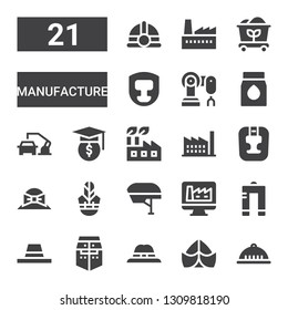 manufacture icon set. Collection of 21 filled manufacture icons included Helmet, Hat, Metal, Factory, Headgear, Robot arm, Coal