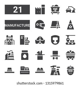 manufacture icon set. Collection of 21 filled manufacture icons included Welder, Nuclear plant, Hat, Factory, Coal, Conveyor, Headgear, Machine, Helmet, Robot arm