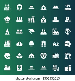 manufacture icon set. Collection of 36 filled manufacture icons included Factory, Machine, Hat, Headgear, Robot arm, Conveyor belt, Helmet, Metal, Conveyor, Coal, Robotic arm