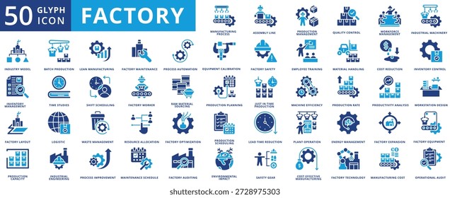 Manufacture icon set flat containing process, assembly line, production, management, quality control, workforce, industrial machinery, industry model, inventory, layout, capacity, batch production