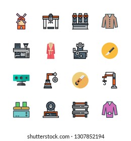 manufacture icon set. vector set about cutter, factory, industrial robot and sensor icons set.