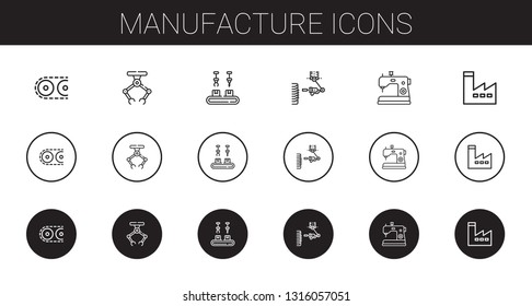 manufacture icons set. Collection of manufacture with conveyor, industrial robot, sewing machine, factory. Editable and scalable manufacture icons.