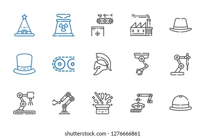 manufacture icons set. Collection of manufacture with hat, industrial robot, helmet, conveyor, factory, nuclear plant. Editable and scalable manufacture icons.