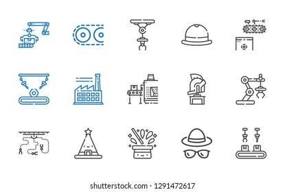 manufacture icons set. Collection of manufacture with industrial robot, hat, helmet, conveyor, factory. Editable and scalable manufacture icons.