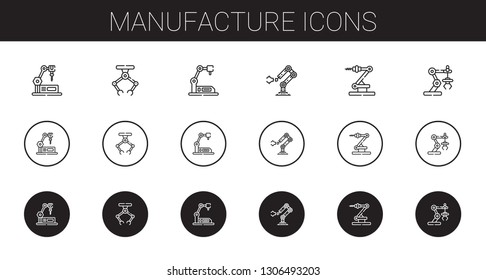 manufacture icons set. Collection of manufacture with industrial robot. Editable and scalable manufacture icons.