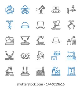 manufacture icons set. Collection of manufacture with industrial robot, factory, conveyor, helmet, hat, sewing machine. Editable and scalable manufacture icons.