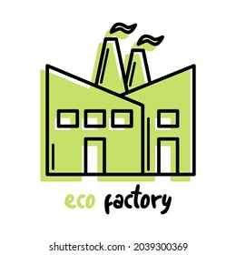 Manufacture industrial eco factory vector icon or silhouette green line logo isolated on white vector background illustration. Icon environment, energy, recycling, ecology solutions, eco green factory