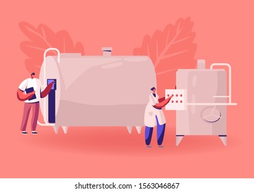 Manufacture, Industry and Dairy Food Production. Man and Woman Technologists Switch On Tanks for Milk Pasteurization on Factory. Industrial Worker Machinery Technology. Flat Vector Illustration