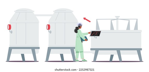 Manufacture, Industry and Dairy Food Production. Woman Technologist Switch On Tanks for Milk Pasteurization on Factory. Industrial Worker Machinery Technology. Cartoon People Vector Illustration