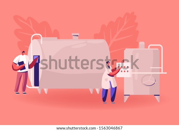 Manufacture, Industry and Dairy Food\
Production. Man and Woman Technologists Switch On Tanks for Milk\
Pasteurization on Factory. Industrial Worker Machinery Technology.\
Flat Vector\
Illustration