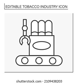  Manufacture Line Icon. Cigar Production. Manufacturing Of Completing Cigarettes In Boxes. Tobacco Industry Concept. Isolated Vector Illustration. Editable Stroke