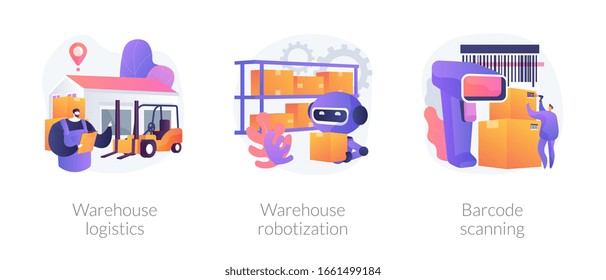 Manufacture management and modern technology implementation metaphors. Warehouse logistics, product storage robotization, barcode scanning abstract concept vector illustration set.