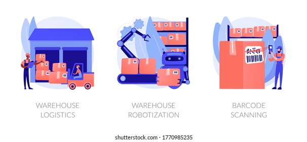 Manufacture management and modern technology implementation metaphors. Warehouse logistics, product storage robotization, barcode scanning abstract concept vector illustration set.