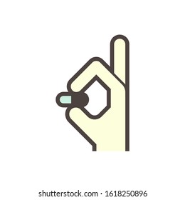 Manufacture of pharmaceutical, nutraceutical, supplement or cleaning product in hand vector icon design. That encapsulation by hard-shelled capsules. Contain dry, powdered ingredients or pellet.