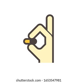 Manufacture of pharmaceutical, nutraceutical, supplement or cleaning product in hand vector icon design. That encapsulation by hard-shelled capsules. Contain dry, powdered ingredients or pellet.