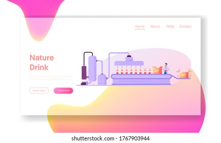 Manufacture Plant Producing Juice Landing Page Template. Factory Worker Character Stand at Conveyor with Bottles with Fruit Juice Moving on Belt for Packaging in Boxes. Cartoon Vector Illustration