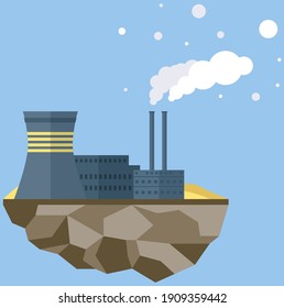 Manufacture pollutes atmosphere. Plant isolated on piece of land. Building destroying environment and emits harmful gases. Energy production factory. Environmental pollution with smog and smoke