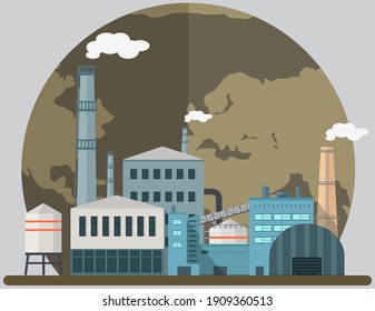 Manufacture pollutes environment. Enterprise on background of destroyed Earth. Plant destroying planet with disastrous emission. Large industrial building has detrimental effect on state of atmosphere