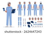 Manufacture quality control worker wearing hairnet, uniform holding scanner. Character for animation. Front, side and back view set. Body parts, postures, poses collection. Vector illustration.