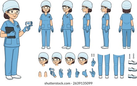 Manufacture quality control worker wearing hairnet, uniform holding scanner. Character for animation. Front, side and back view set.