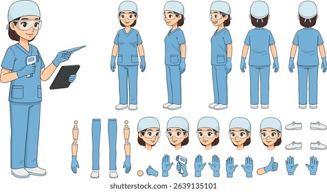 Manufacture quality control worker wearing hairnet, uniform holding scanner. Character for animation. Front, side and back view set.