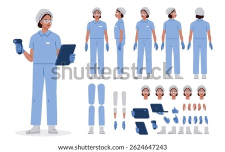 Manufacture quality control worker wearing hairnet, uniform holding scanner. Character for animation. Front, side and back view set. Body parts, postures, poses collection. Vector illustration.