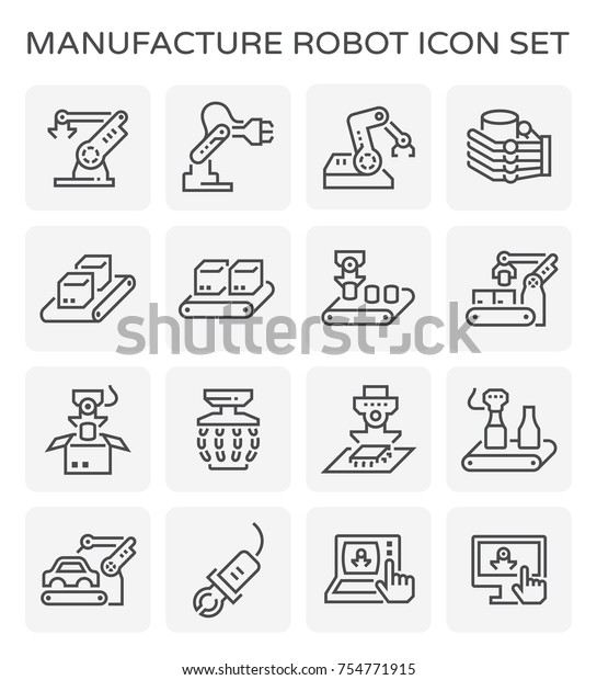 Manufacture robot part and industry work icon such\
as hand, arm, automotive production, beverage production, product\
packaging and computer control vector icon set design, black and\
editable line.