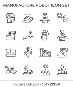 Manufacture robot and production work such as food processing, beverage, box packaging, fresh food and automotive production vector icon set design, line and editable stroke.