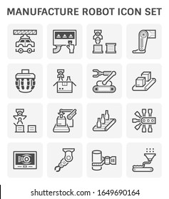 Manufacture robot and production work such as robot leg, automotive, food processing, box packaging and computer control vector icon set design, expand line icon.