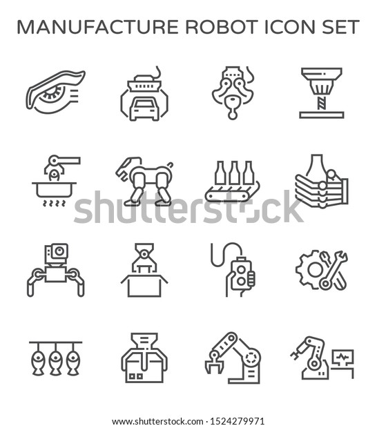 Manufacture robot and production work such as\
eye, automotive, drilling, food processing, pet, remote control,\
box packaging and animal fresh food vector icon set design, line\
and editable\
stroke.