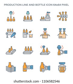 Manufacture and robot working with beverage bottle in production line vector icon set design, black and editable line stroke.