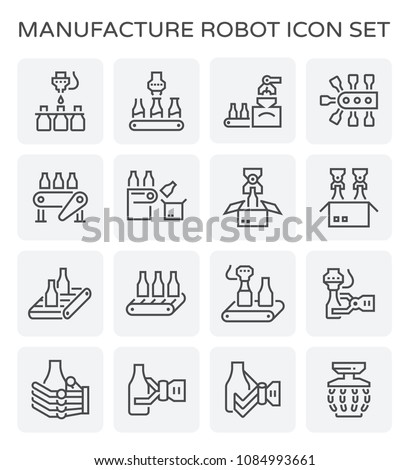 Manufacture and robot working with beverage bottle in production line vector icon set design, black and editable line stroke.