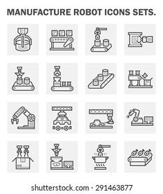 Manufacture And Robot Working Icon Such As Automotive Industry, Food Processing, And Product Packaging Vector Icon Set Design, Black And Expand Icon.