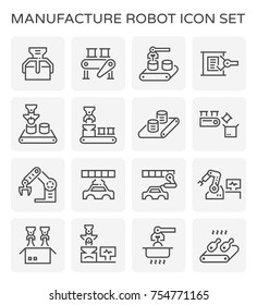 Manufacture And Robot Working Icon Such As Automotive Industry, Food Processing, And Product Packaging Vector Icon Set Design, Black And Editable Line Stroke Icon.