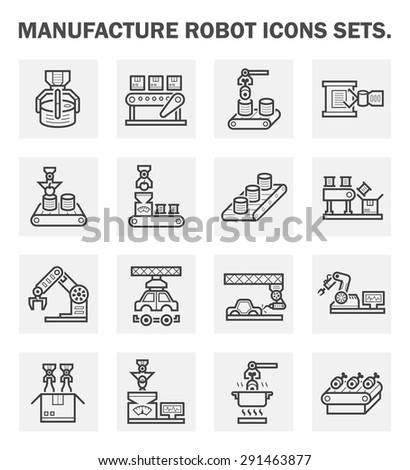 Manufacture and robot working icon such as automotive industry, food processing, and product packaging vector icon set design, black and expand icon.