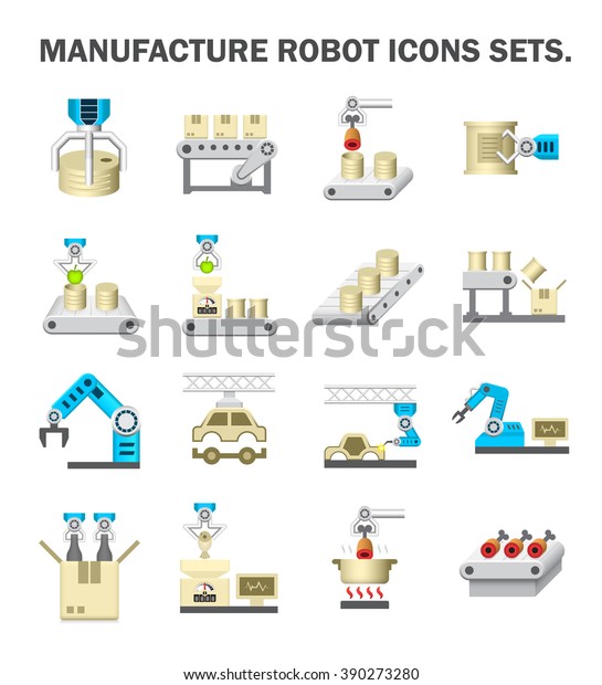 Manufacture and robot working icon such as\
automotive industry, food processing, and product packaging vector\
icon set design, black and expand\
icon.