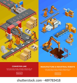 Manufacture Robots In Automotive Industry Conveyor Lines 2 Vertical Isometric Colorful Banners Webpage Design Isolated Vector Illustration 