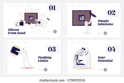 Manufacture Of Semiconductors Process Landing Page Template Set. Manufacturing Facility Scientist Characters In Coverall Set Up Program On Industrial 3D Printer. Cartoon Vector People Illustration