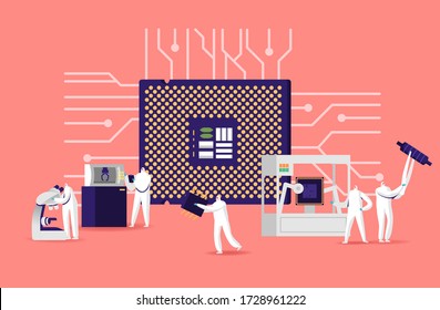 Manufacture Of Semiconductors Process. Manufacturing Facility Team Of Scientist Characters In Sterile Protective Coverall Set Up Programs On Industrial 3D Printer. Cartoon Vector People Illustration