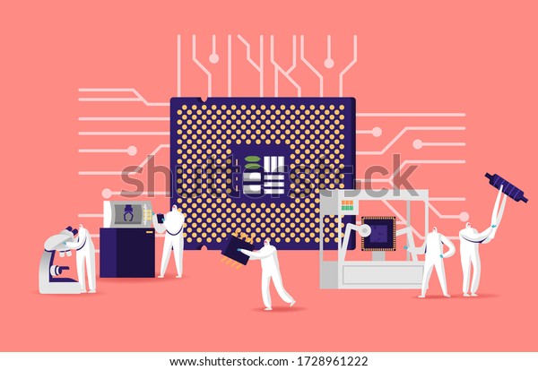 Manufacture of Semiconductors Process.\
Manufacturing Facility Team of Scientist Characters in Sterile\
Protective Coverall Set up Programs on Industrial 3D Printer.\
Cartoon Vector People\
Illustration
