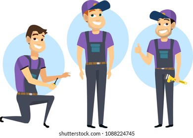 Manufacture set. Building and worker with house and instrument 