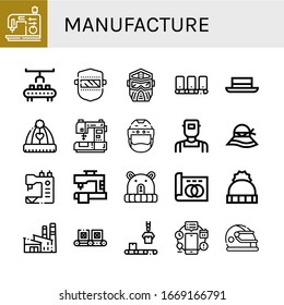 manufacture simple icons set. Contains such icons as Sewing machine, Robot arm, Welding, Helmet, Conveyor, Hat, Welder, Greyscale, Factory, can be used for web, mobile and logo