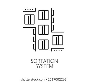 Sistema de triagem de fabricação, ícone de linha de produção automática e manual. Produção manual da indústria, robô da linha de montagem da planta, sinal do vetor do contorno da automação da fabricação com caixas no transportador