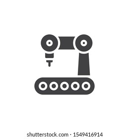 Manufacture welding robot vector icon. filled flat sign for mobile concept and web design. Conveyor belt with laser robotic arm glyph icon. Symbol, logo illustration. Vector graphics