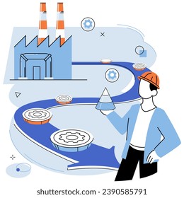 Manufacturer model. Vector illustration. Technology plays vital role in implementation efficient manufacturing processes The company constantly seeks ways to improve its products and services