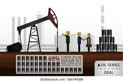 Manufacturers make a deal with businessman on the gray background of an oil refinery